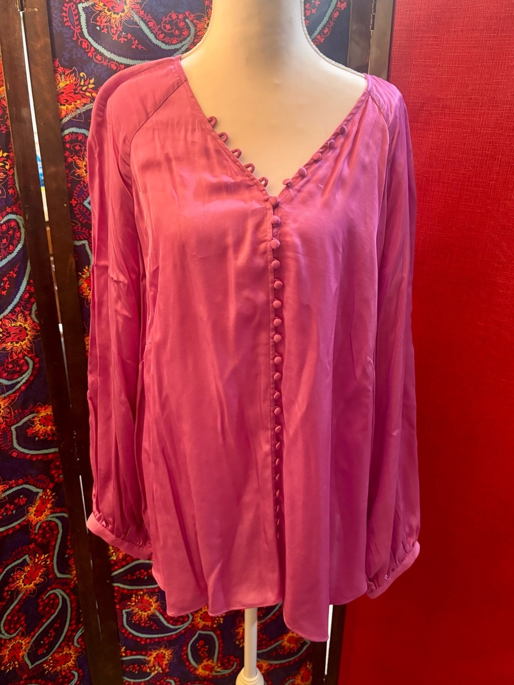 Silky Button-Front Magenta Blouse
